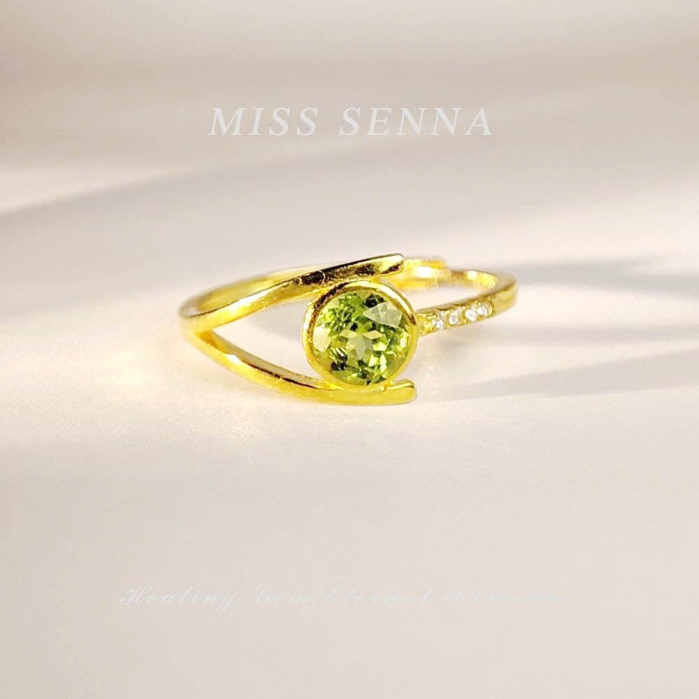 MISSSENNA Jewelry S925 Sterling Silver 18k Gold Plated Natural Peridot Green Round Shape Cutting Ring