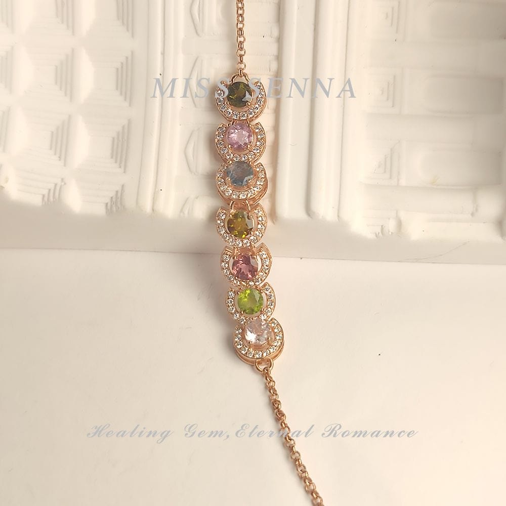 MISSSENNA Jewelry S925 Sterling Silver Rosy Gold Brazil Mine Neat Clarity Natural Gemstone Tourmaline Colorful Fan Shaped Bracelet