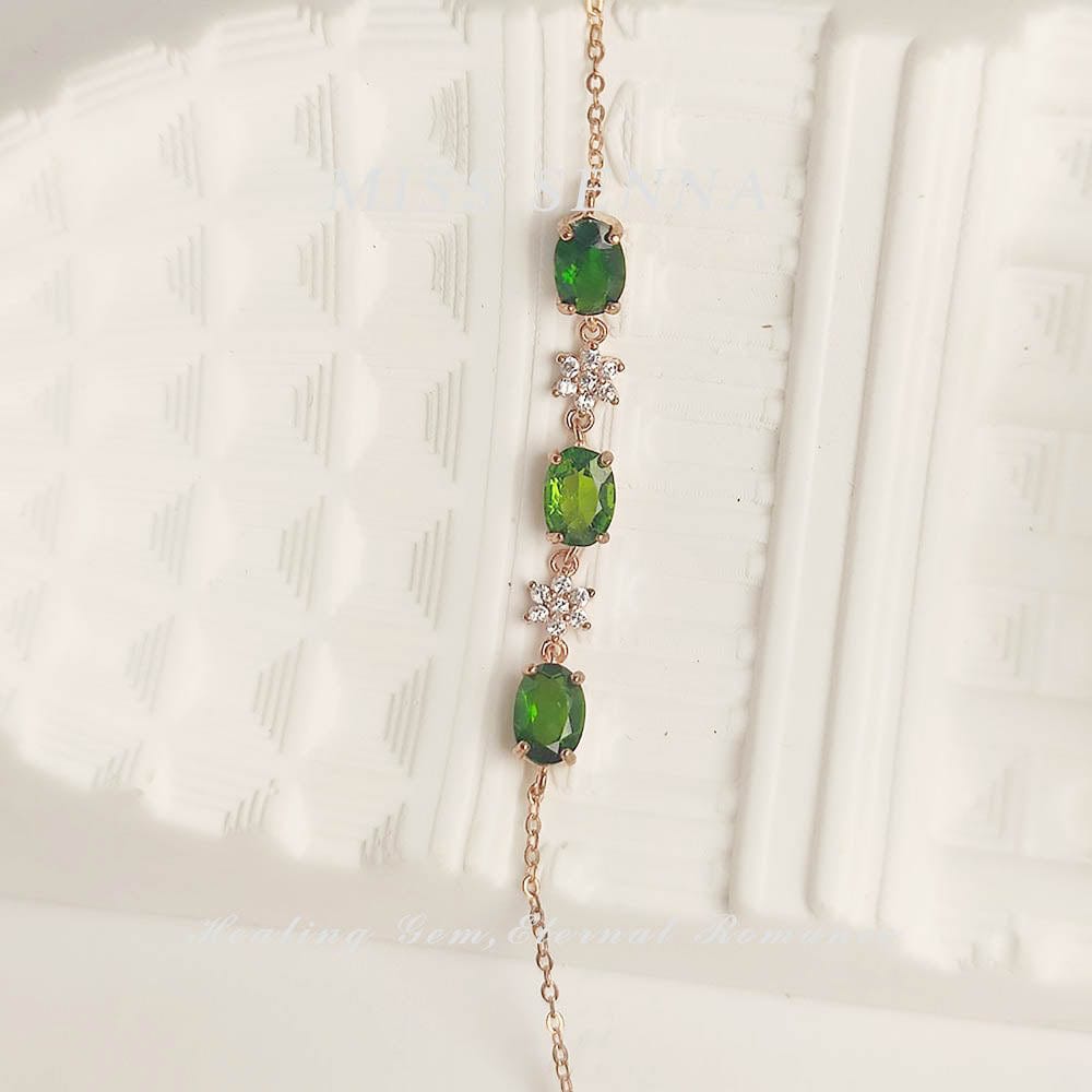 MISSSENNA Jewelry S925 Sterling Silver Rosy Gold Plated Natural Diopside Oval Shape Vivid Green Bracelet