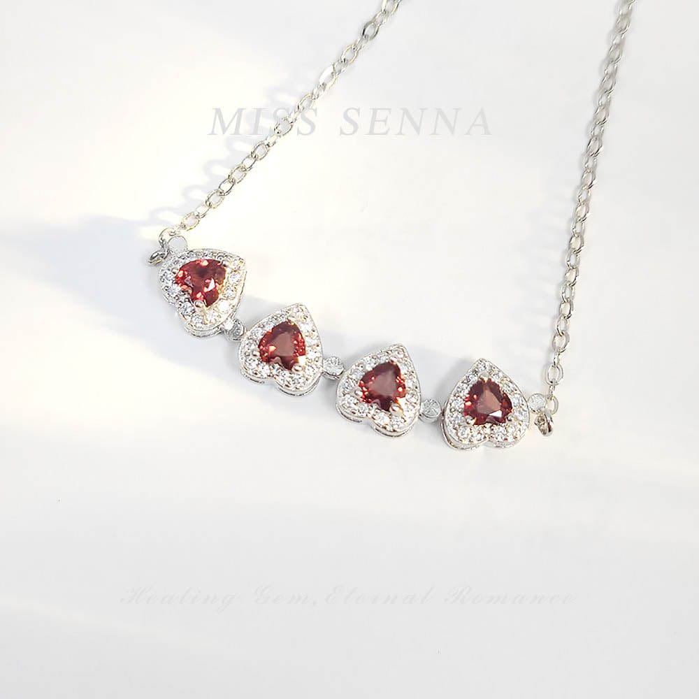 MISSSENNA Silver Natural Garnet Heart Shaped Designed Clover Magnetic Two-ways Wearing Necklace