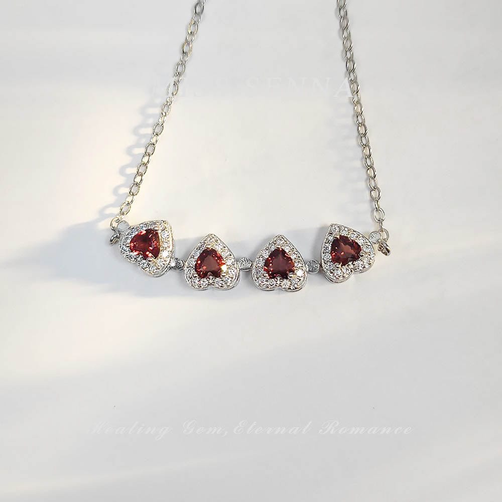 MISSSENNA Silver Natural Garnet Heart Shaped Designed Clover Magnetic Two-ways Wearing Necklace