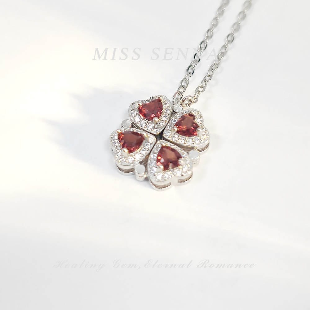 MISSSENNA Silver Natural Garnet Heart Shaped Designed Clover Magnetic Two-ways Wearing Necklace