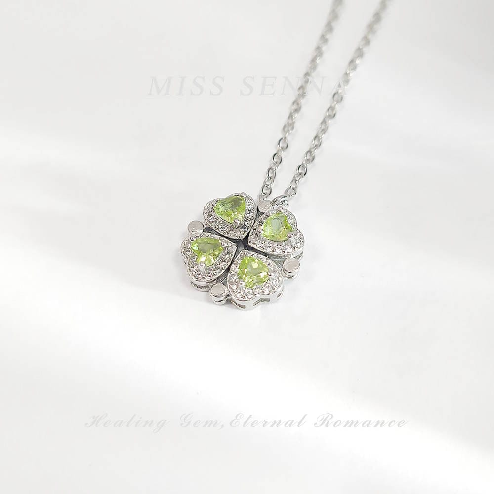 MISSSENNA Silver Natural Peridot Heart Shaped Designed Clover Magnetic Two-ways Wearing Necklace