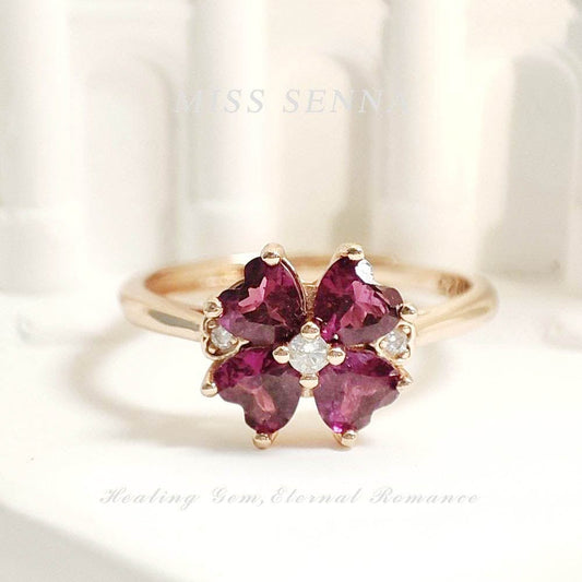 MISSSENNA Jewelry S925 Sterling Silver 18k Gold Plated Natural Garnet Almandine Dainty Flower Ring