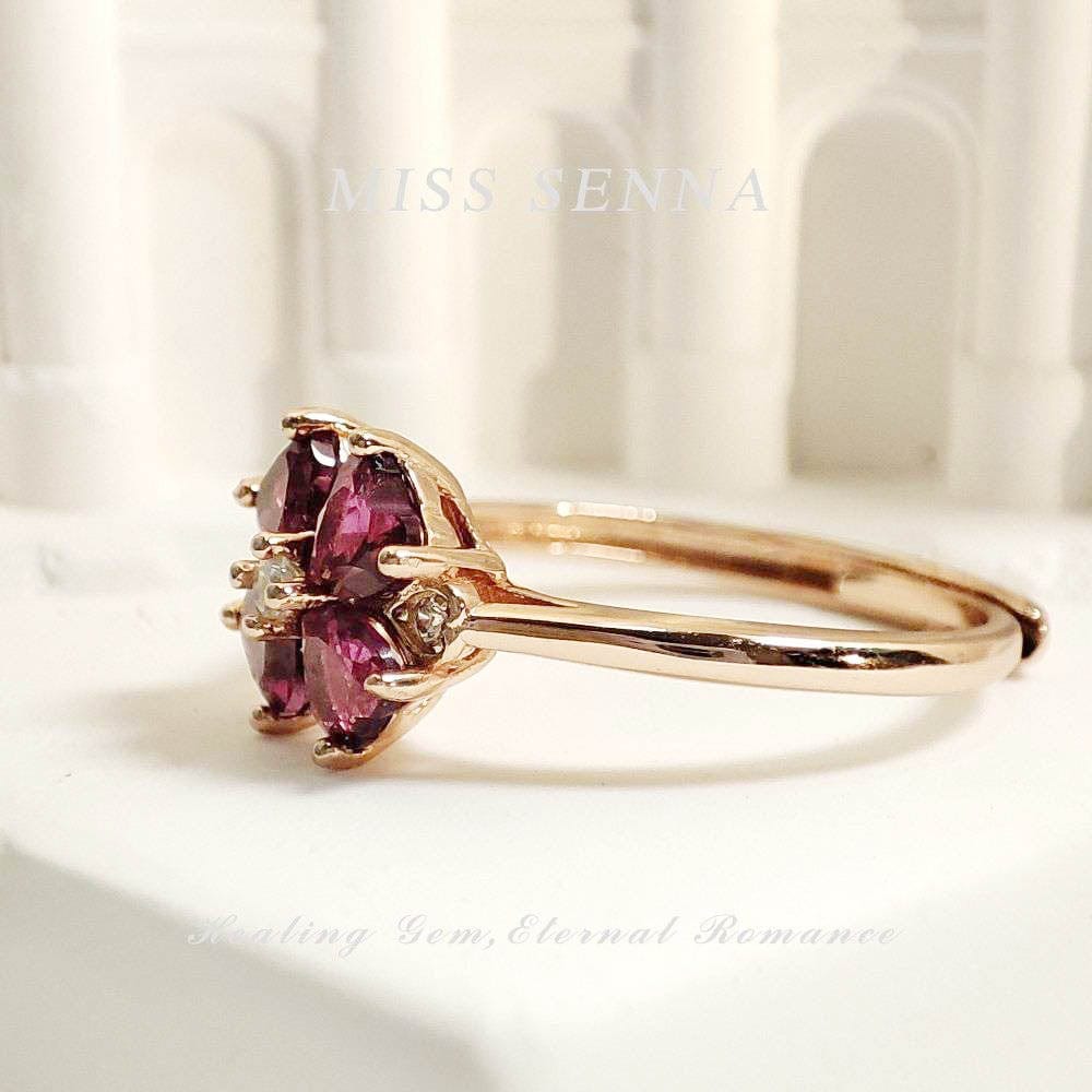 MISSSENNA Jewelry S925 Sterling Silver 18k Gold Plated Natural Garnet Almandine Dainty Flower Ring