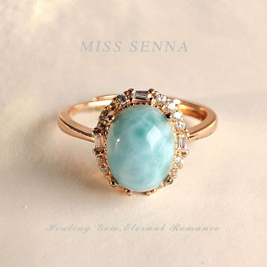 MISSSENNA Jewelry S925 Sterling Silver 18k Gold Plated Natural Dominican Larimar Vivid Blue Princess Diana Oval  Ring