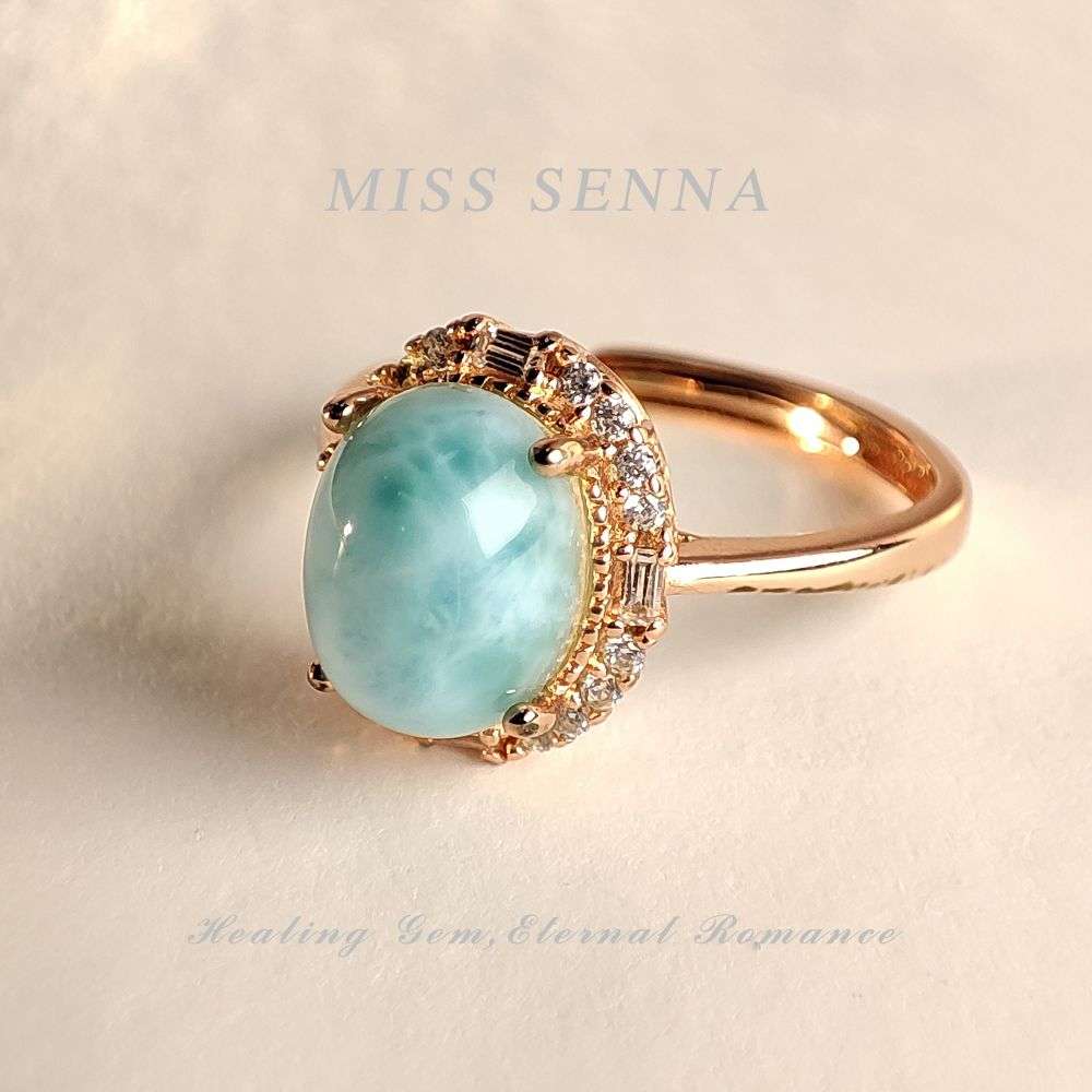 MISSSENNA Jewelry S925 Sterling Silver 18k Gold Plated Natural Dominican Larimar Vivid Blue Princess Diana Oval  Ring