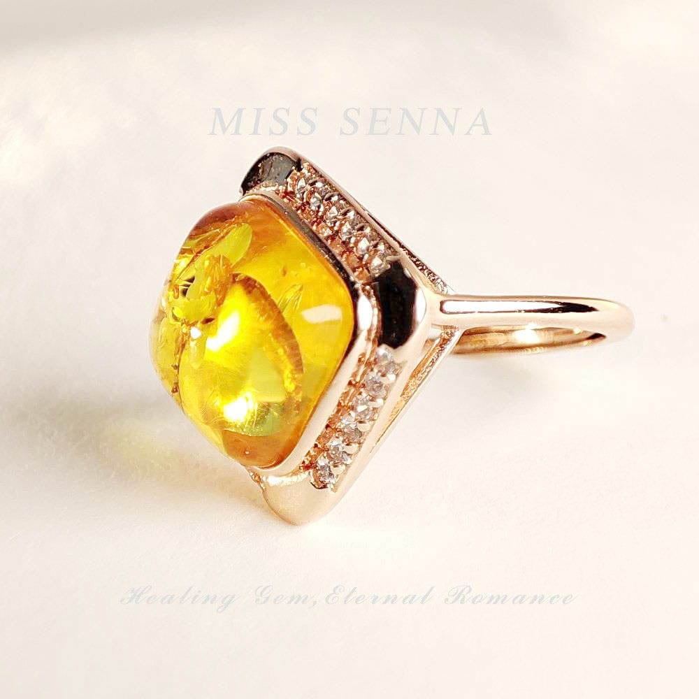 MISSSENNA Jewelry S925 Sterling Silver Yellow Transparent Amber Square Cutting Big Size Ring