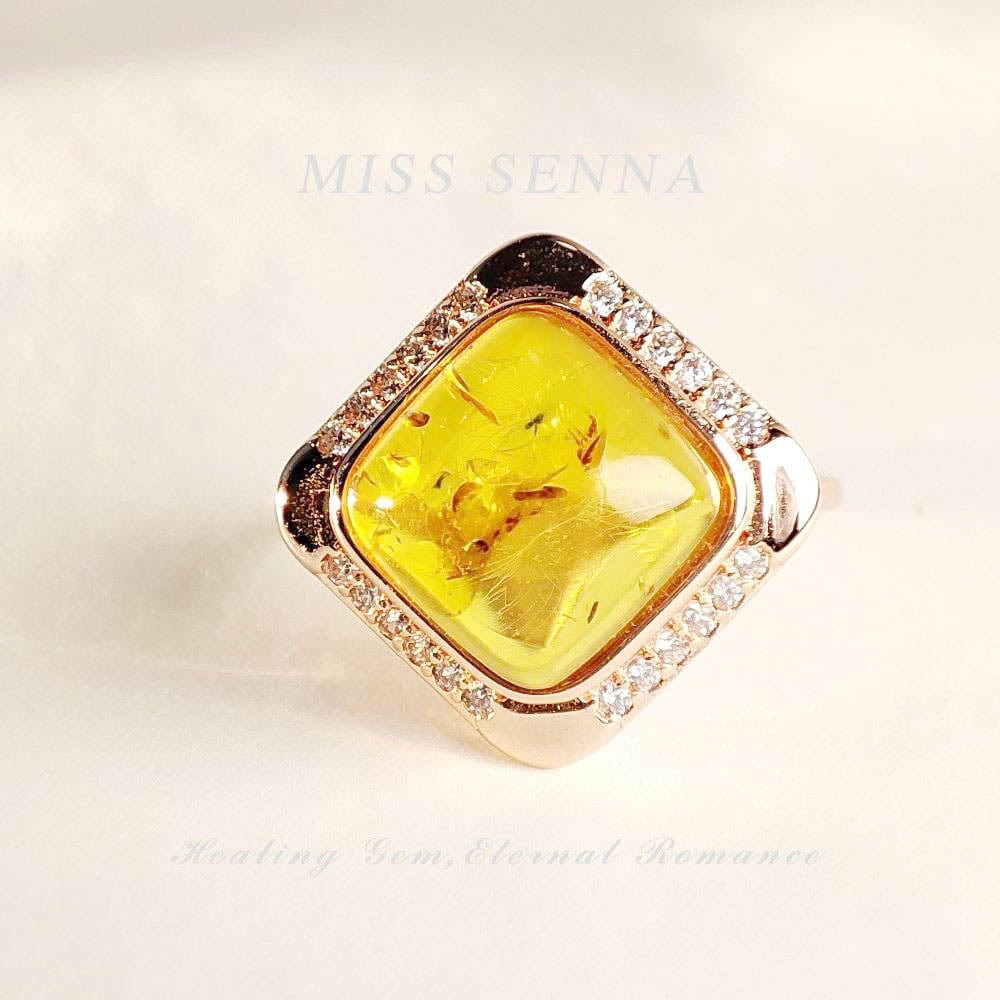 MISSSENNA Jewelry S925 Sterling Silver Yellow Transparent Amber Square Cutting Big Size Ring