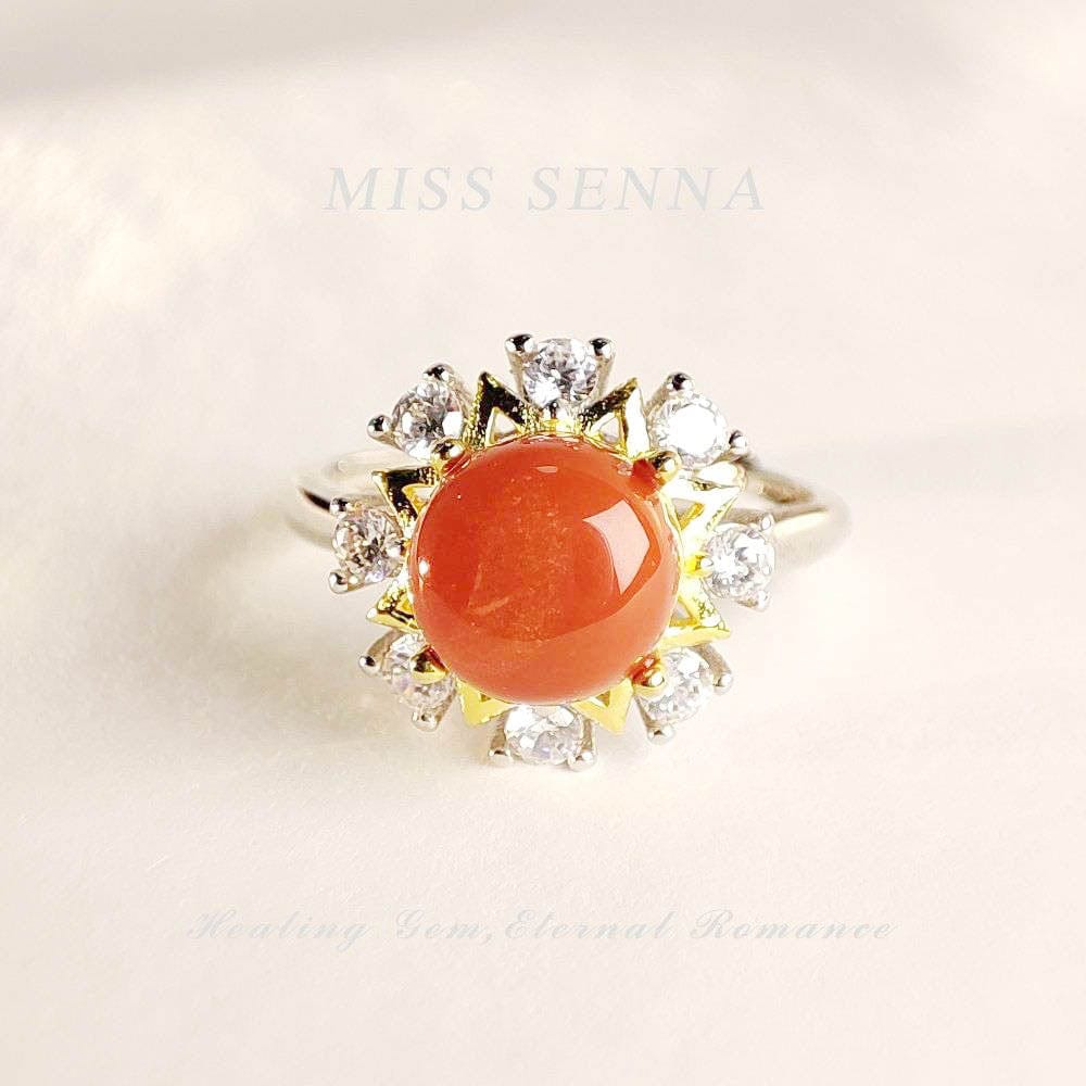 MISSSENNA Jewelry S925 Sterling Silver 18k Gold Plated Natural Nanjiang Red Agate Sunflower Shape Ring