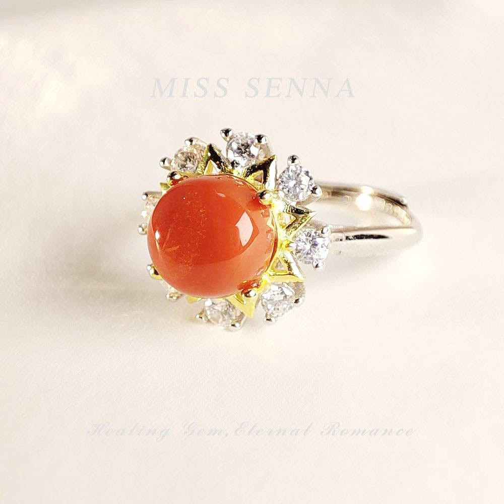 MISSSENNA Jewelry S925 Sterling Silver 18k Gold Plated Natural Nanjiang Red Agate Sunflower Shape Ring