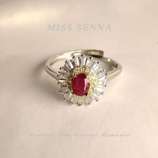 MISSSENNA Jewelry S925 Sterling Silver 18k Gold Plated Burma Pigeon Blood Red Ruby High-quality Sunflower Oval  Ring