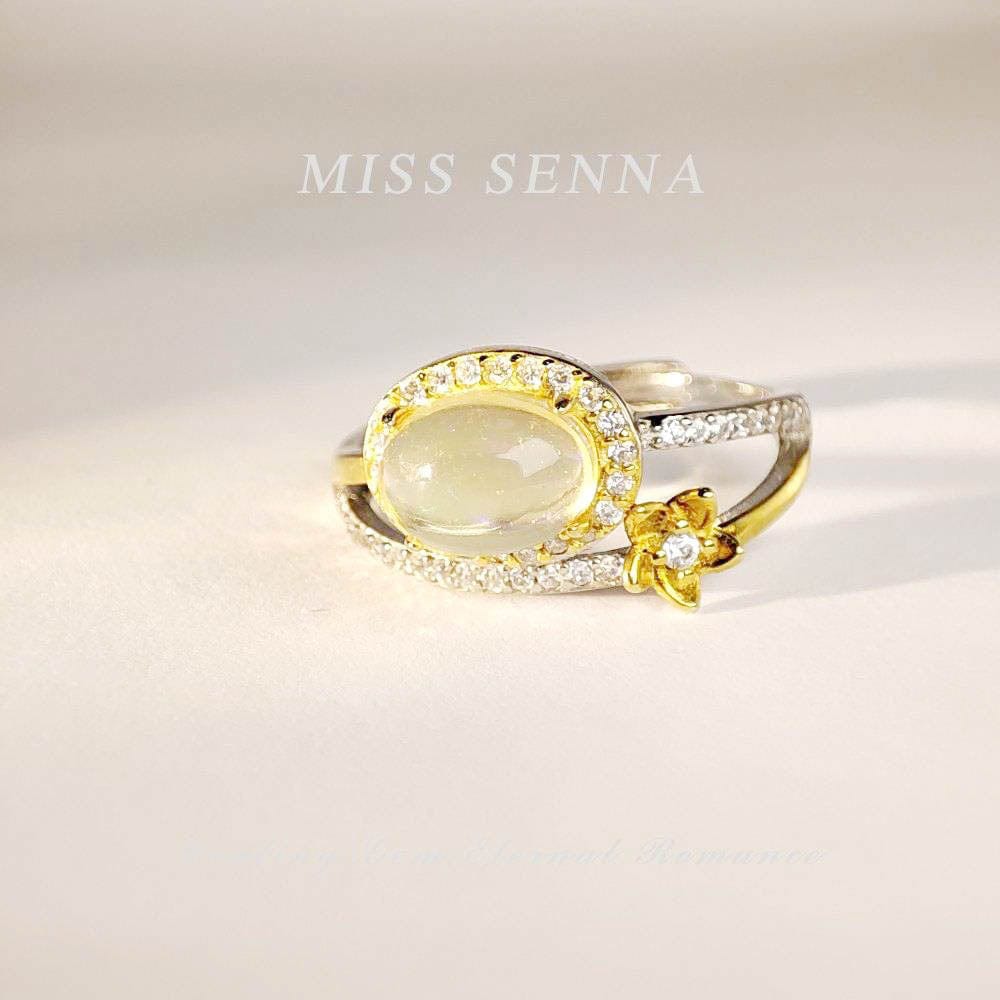 MISSSENNA Jewelry S925 Sterling Silver 18k Gold Plated Natural Water Opal Fancy flower Oval Shaped Colorful Ring