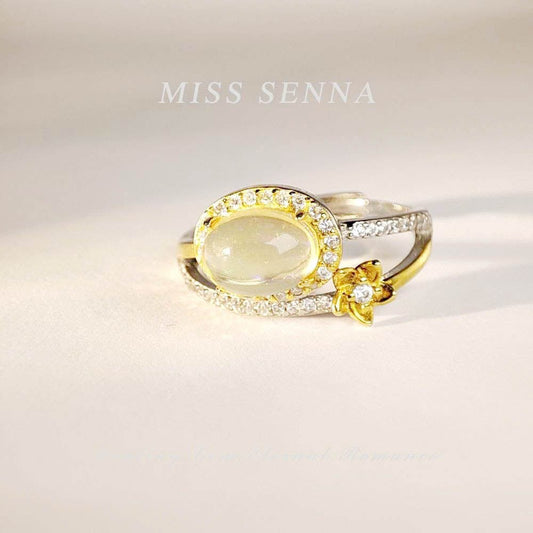 MISSSENNA Jewelry S925 Sterling Silver 18k Gold Plated Natural Water Opal Fancy flower Oval Shaped Colorful Ring