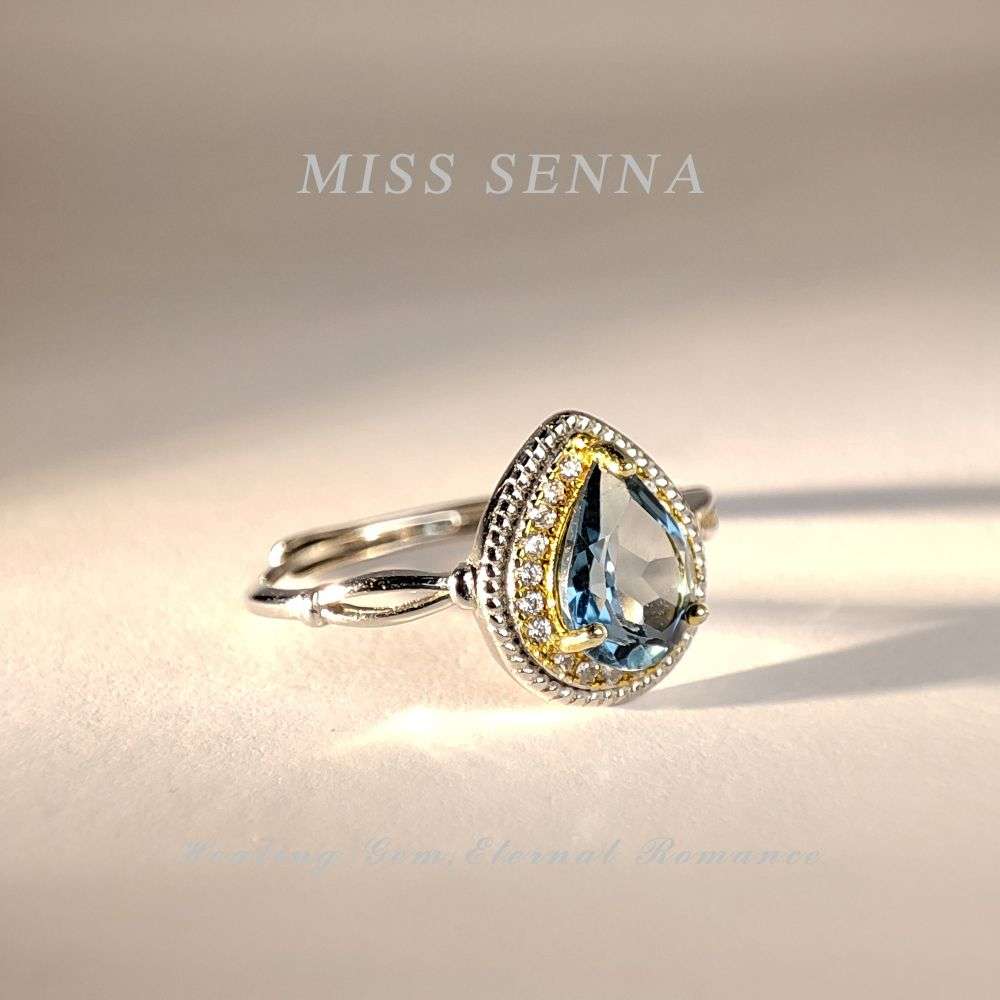 MISSSENNA Jewelry S925 Sterling Silver Natural Topaz Bluish Waterdrop Shaped Ring