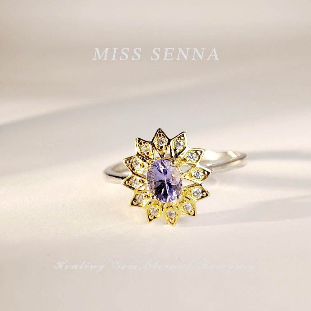 MISSSENNA Jewelry S925 Sterling Silver 18k Gold Plated Natural Tanzanite Sunflower Shape D Degree Color Ring