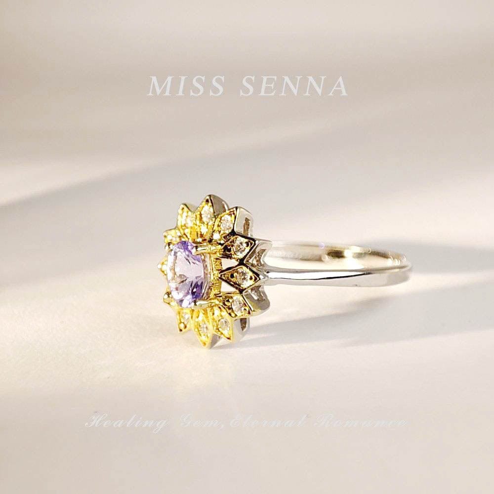 MISSSENNA Jewelry S925 Sterling Silver 18k Gold Plated Natural Tanzanite Sunflower Shape D Degree Color Ring