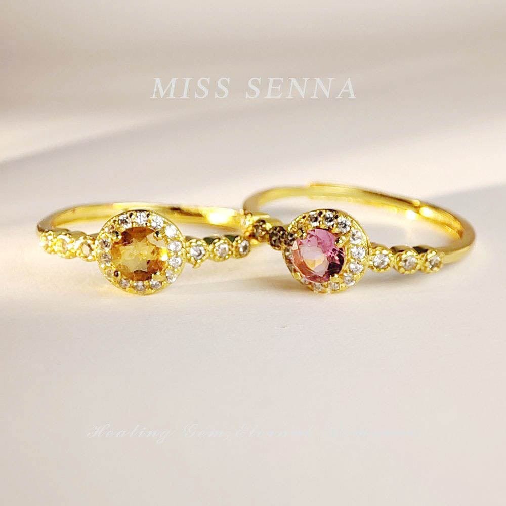 MISSSENNA Jewelry S925 Sterling Silver Natural real gemstone 18k gold plated Natural Tourmaline Colorful Classic Round Shape Cutting Ring Misssenna