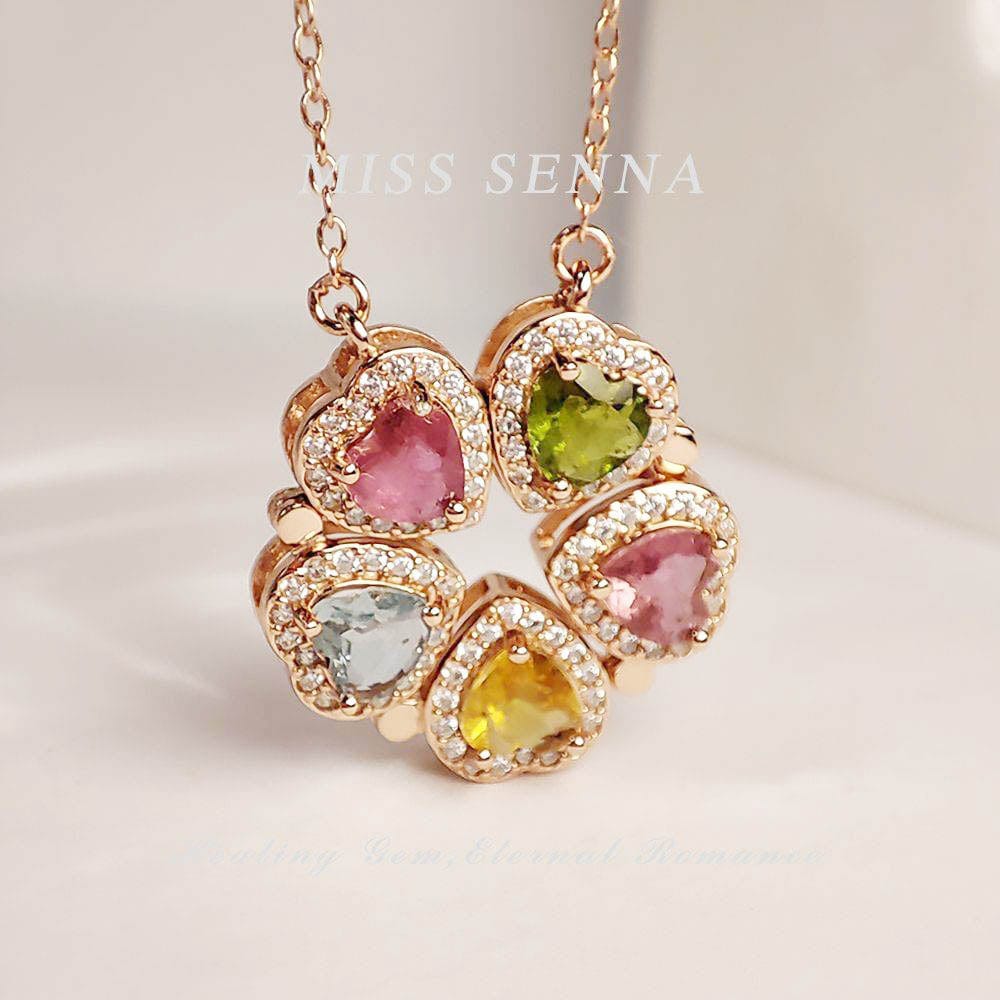 S925 Silver Natural Colorful Tourmaline Flower Two-ways Wearing Necklace 193