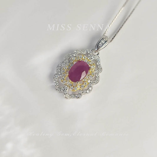 MISSSENNA Jewelry S925 Sterling Silver Burma Pigeon Blood Red Ruby High-quality Lace Hollow Necklace