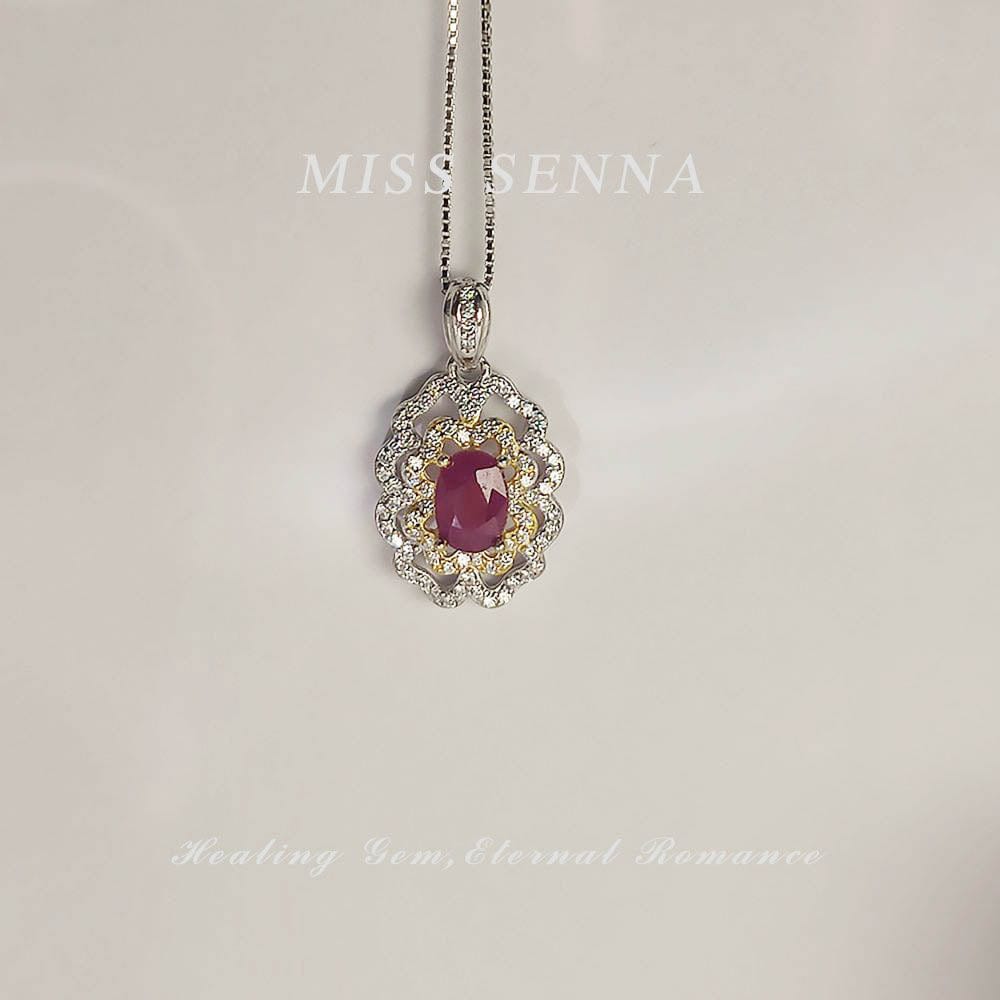 MISSSENNA Jewelry S925 Sterling Silver Burma Pigeon Blood Red Ruby High-quality Lace Hollow Necklace