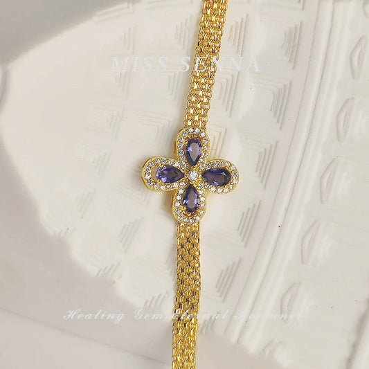 MISSSENNA Jewelry S925 Sterling Silver 18k Gold Plated Natural Dichroite Water Sapphire Clover flower designed Bracelet