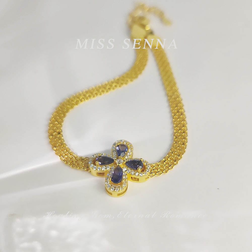 MISSSENNA Jewelry S925 Sterling Silver 18k Gold Plated Natural Dichroite Water Sapphire Clover flower designed Bracelet