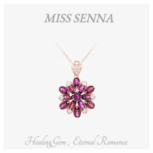 S925 Silver Natural Garnet Almandine Purple Flower Pendant Necklace