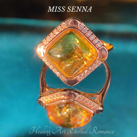 MISSSENNA Jewelry S925 Sterling Silver Yellow Transparent Amber Square Cutting Big Size Ring