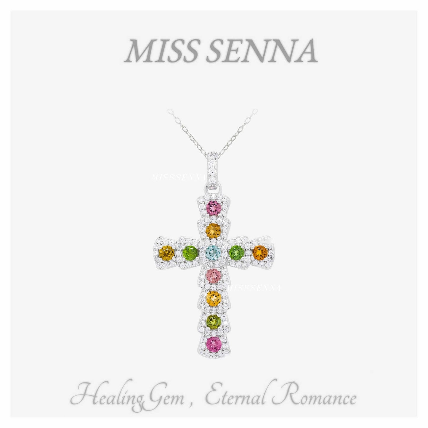 S925 Silver Natural Colorful Brazil Mine Tourmaline Cross Necklace