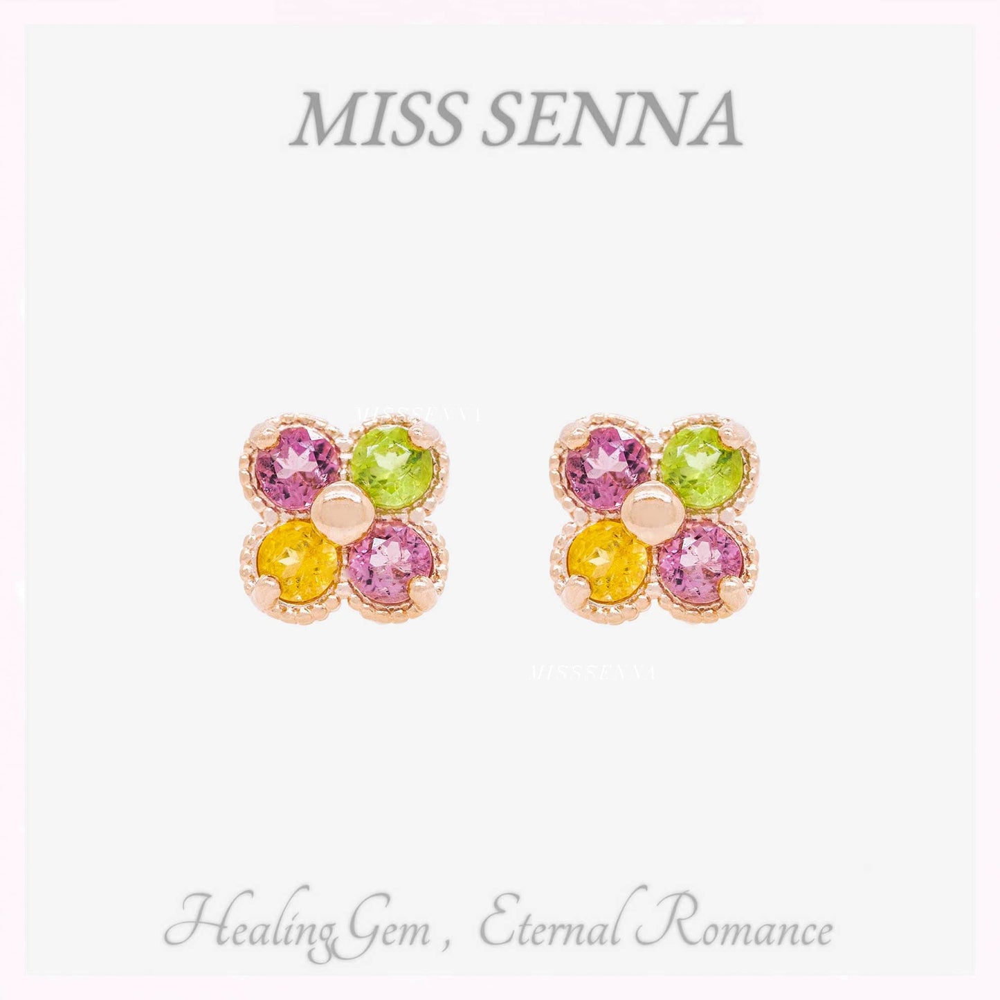 S925 Silver Natural Colorful Tourmaline Clover Shape Ear Stud