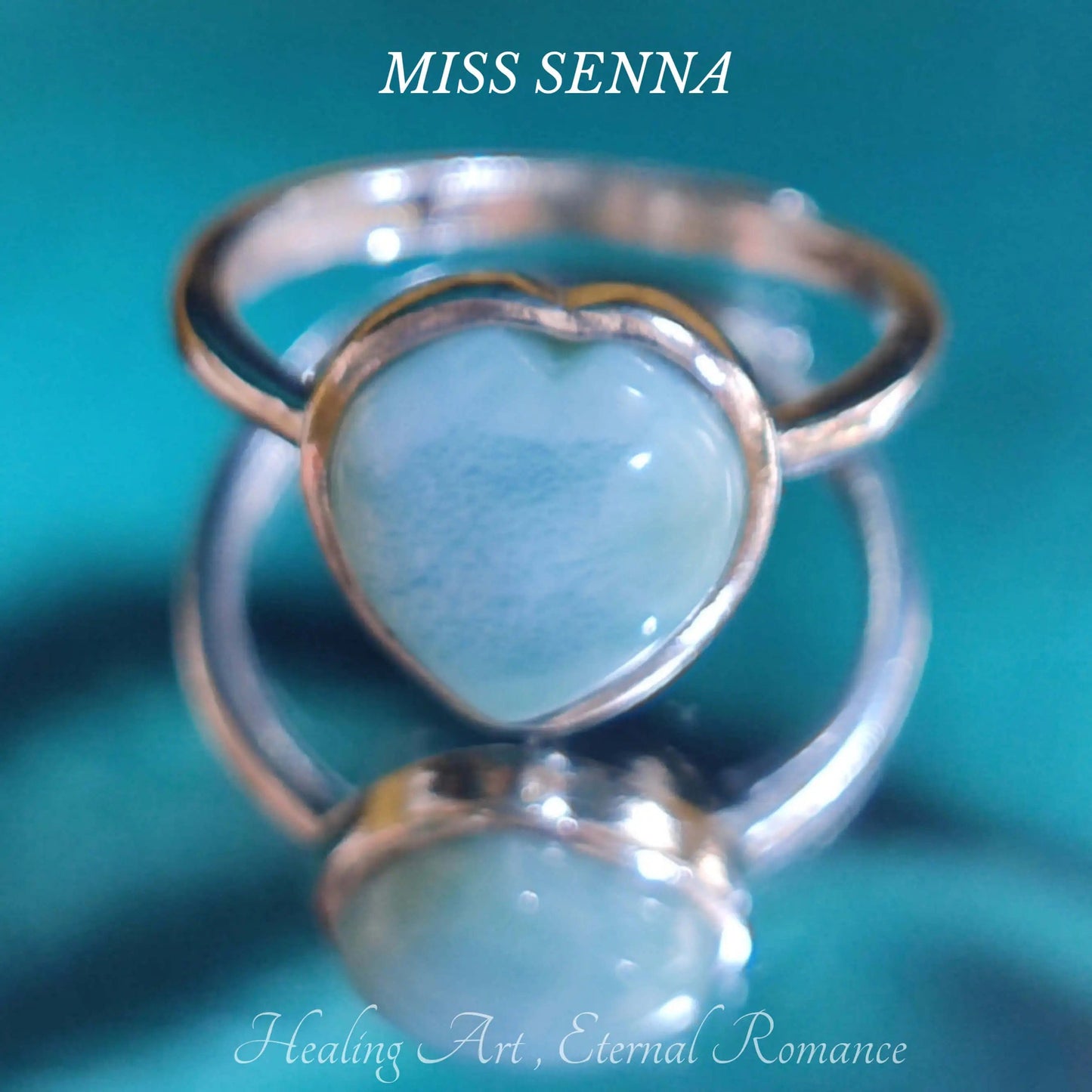 MISSSENNA Jewelry S925 Sterling Silver Natural Dominican Larimar Vivid Blue Heart Shape Love Ring