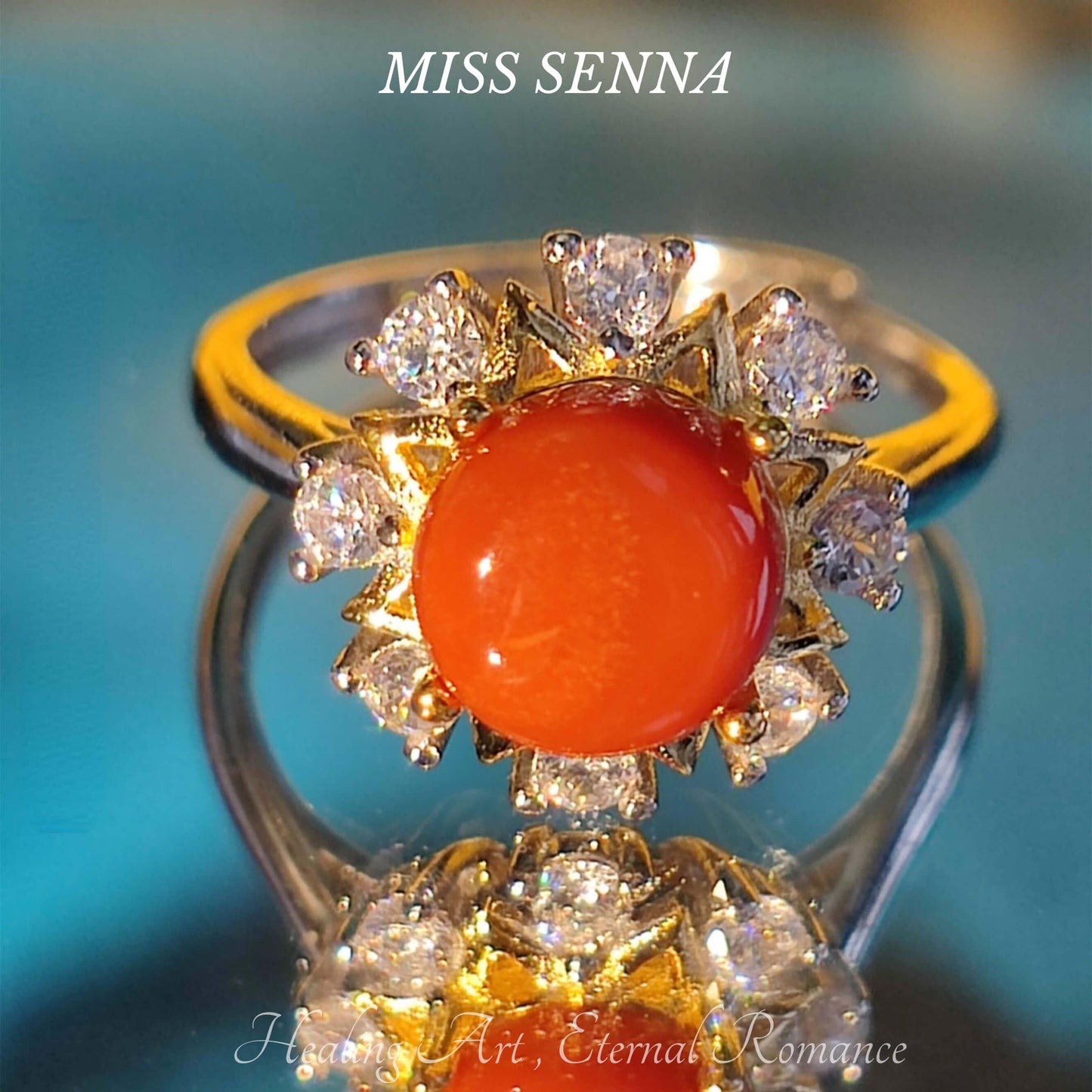 MISSSENNA Jewelry S925 Sterling Silver 18k Gold Plated Natural Nanjiang Red Agate Sunflower Shape Ring