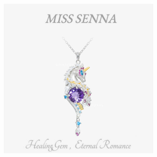 S925 Silver Natural Amethyst Fantasy Unicorn Pendant Necklace -Customize Deposit