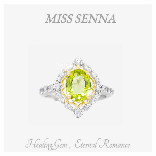 S925 Silver Natural Peridot Hollow Lace Oval Shape Big Size Ring