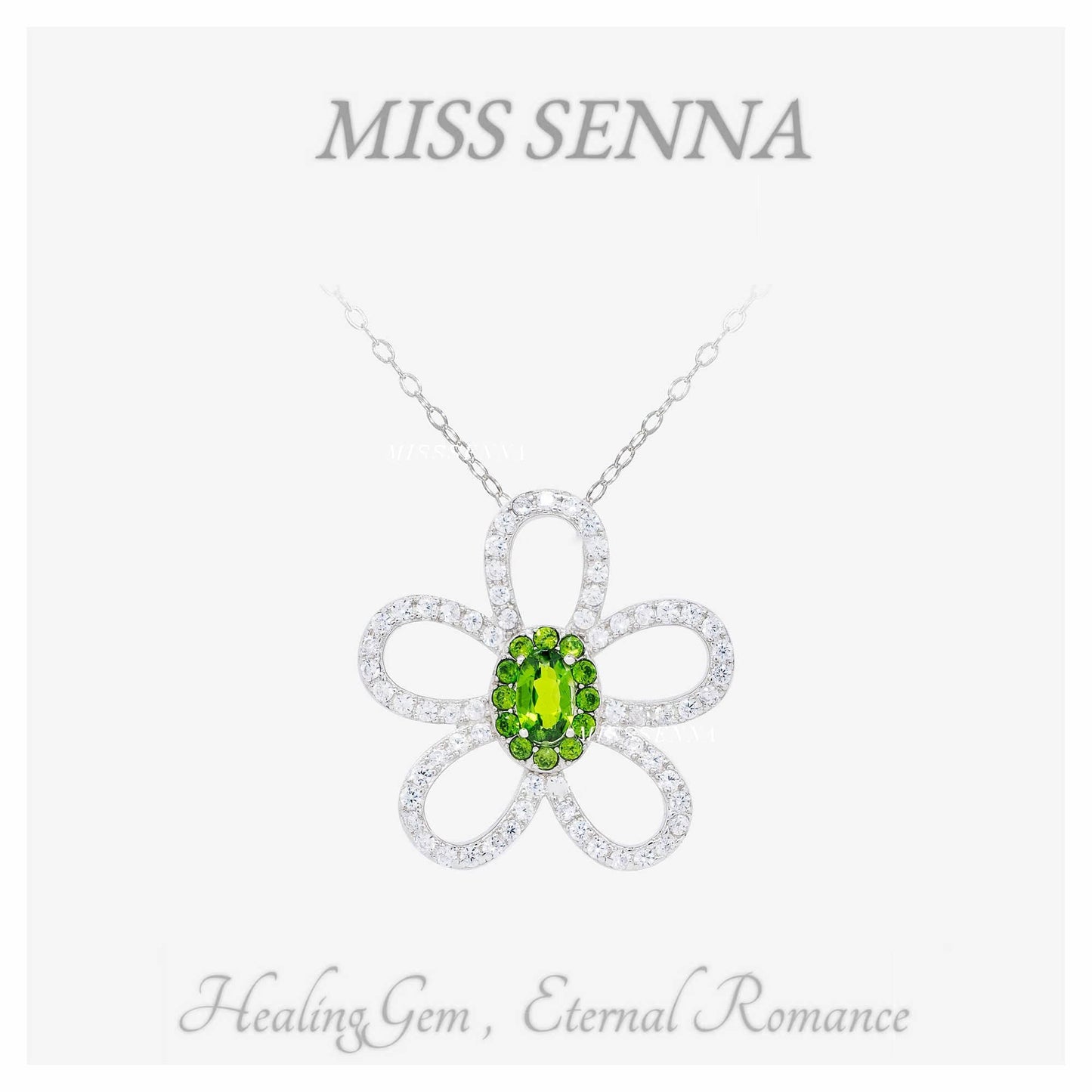 S925 Silver Natural Diopside Flower Pendant Necklace 40