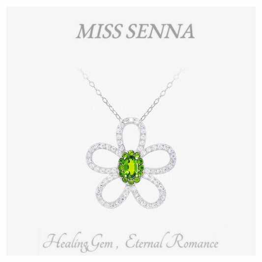 S925 Silver Natural Diopside Flower Pendant Necklace 40