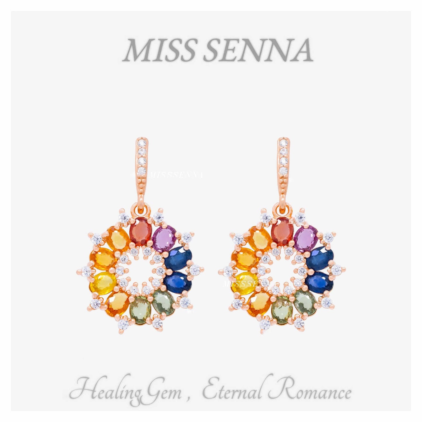 S925 Silver Sri Lanka Natural Colorful Sapphire Sunflower Oval Dangling Earrings