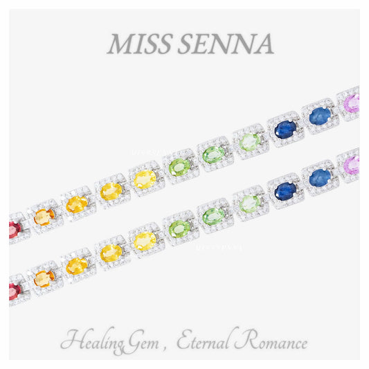 S925 Silver Natural Colored Sapphire Rainbow Candy Oval Square Bracelet