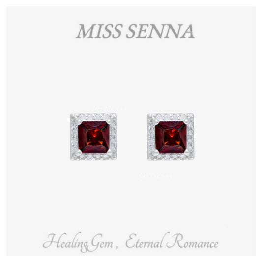 S925 Silver Natural Garnet Square Shape Earring Stud