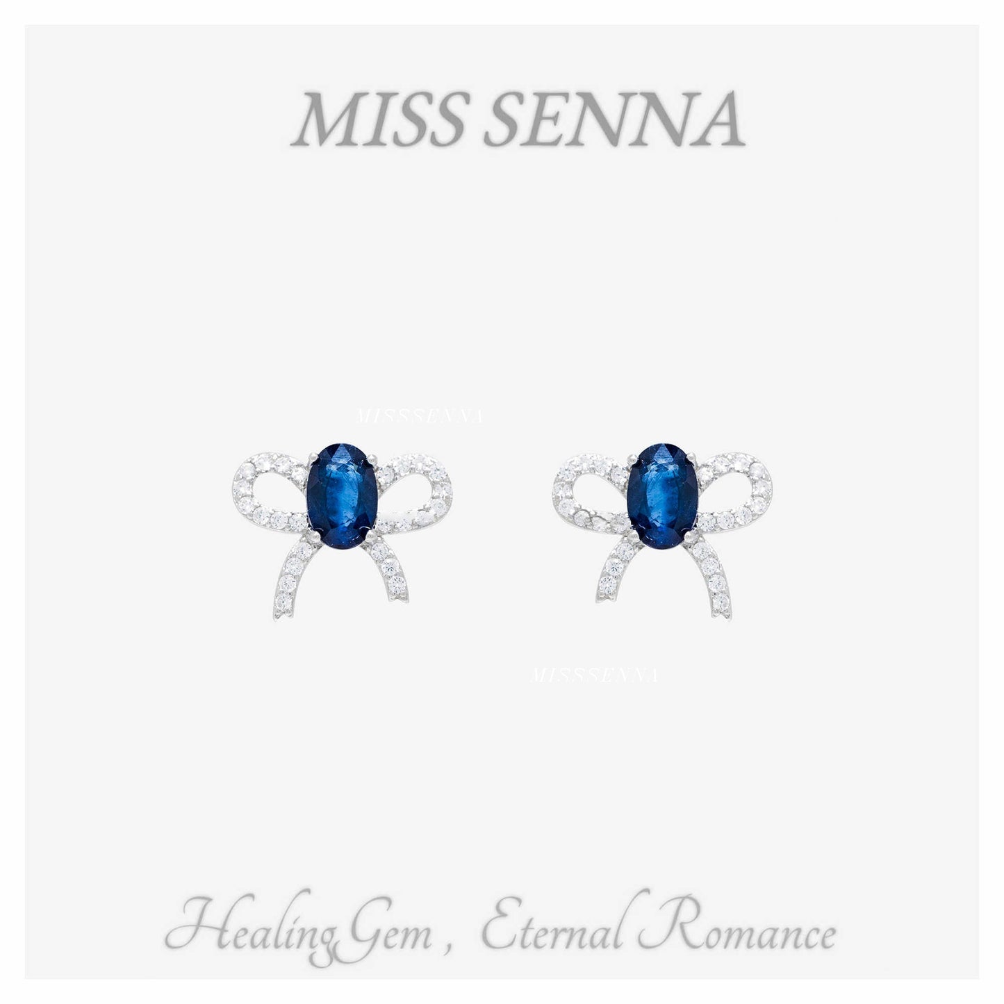 S925 Silver Sri Lanka Natural Sapphire Oval bowknot Stud Earrings