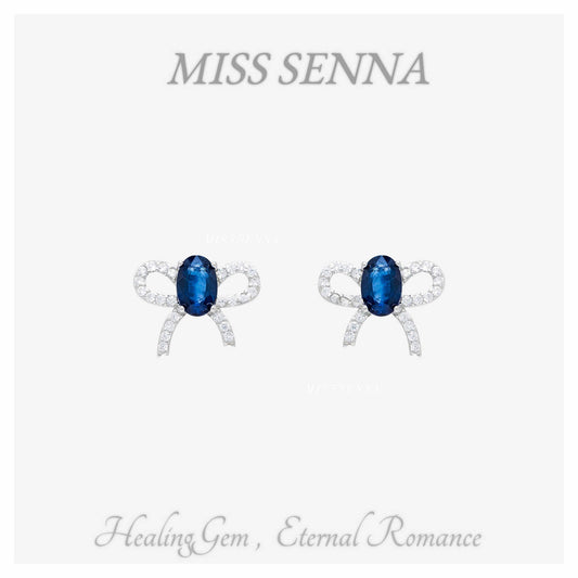 S925 Silver Sri Lanka Natural Sapphire Oval bowknot Stud Earrings