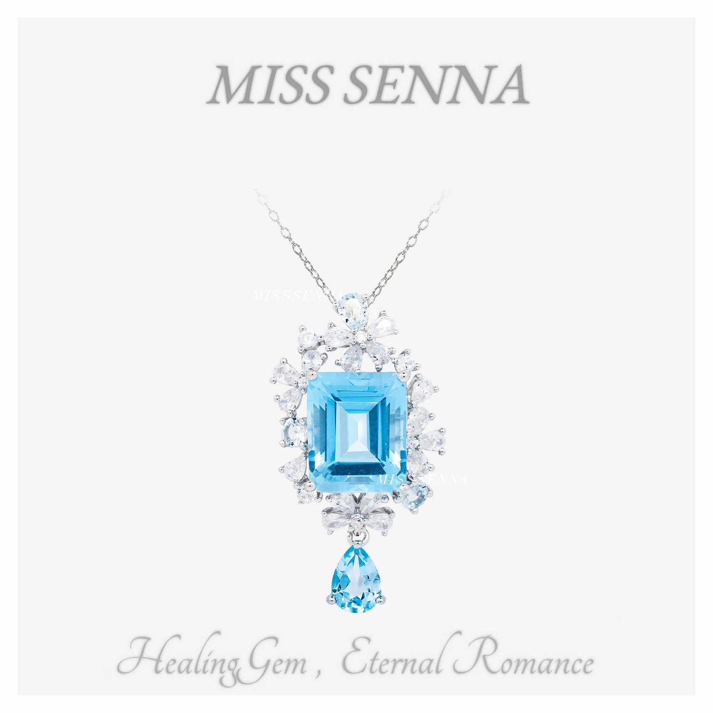 S925 Silver Natural Topaz Sky Blue Square Big Size Hollow Water Drop Carved Flower Necklace Pendant